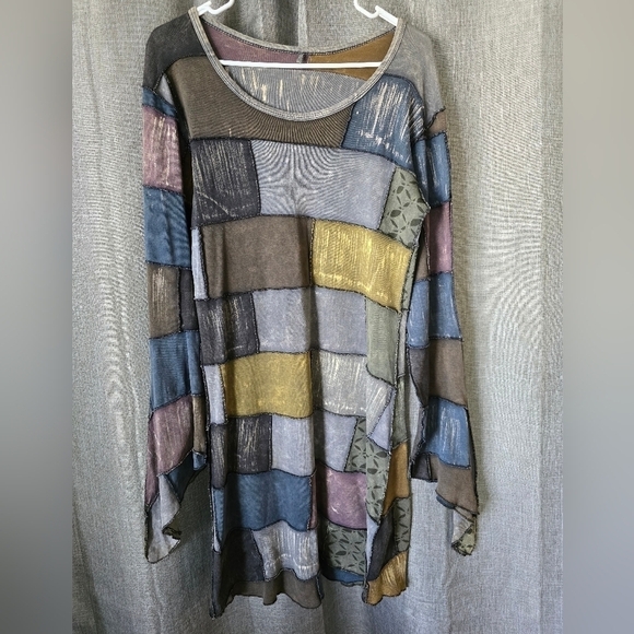 Patchwork Reversible Long Flared Sleeves Knee Length Dress Size M Distressed - Picture 1 of 3